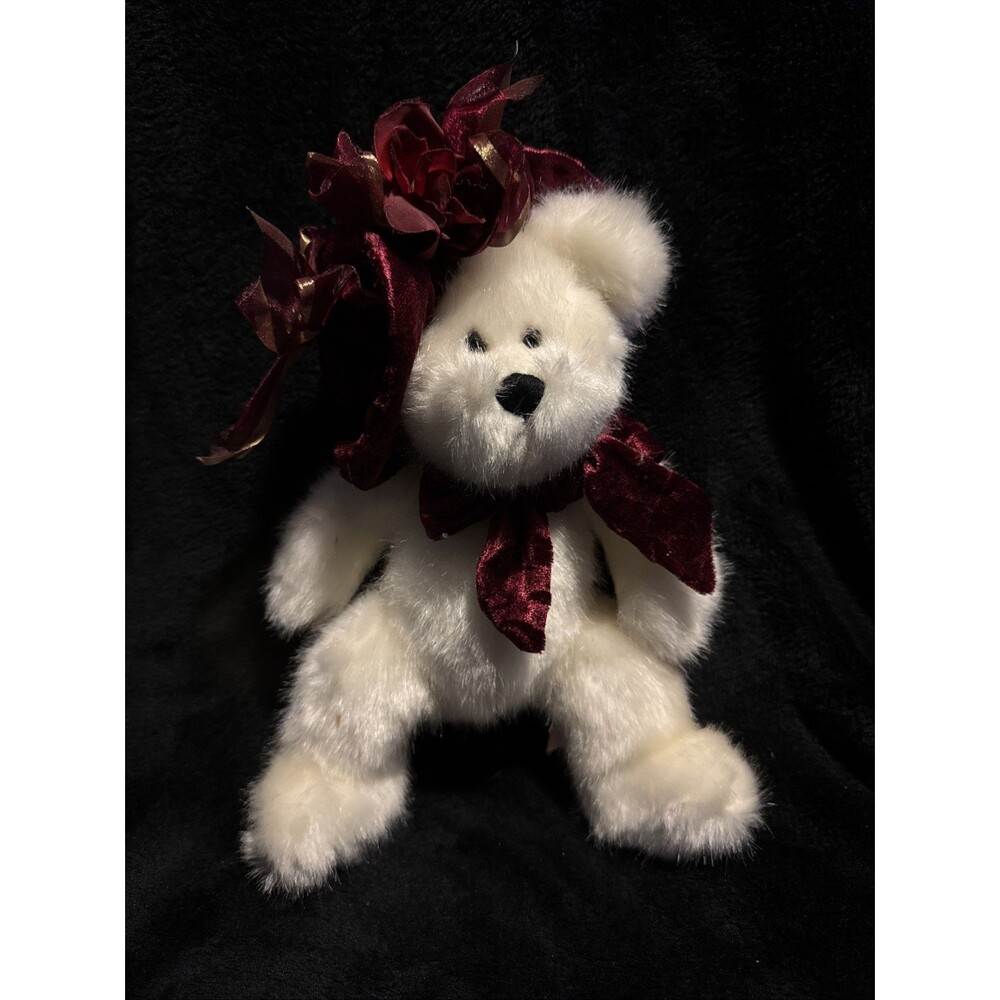 Vintage 90s PBC International White Stuffed Plush Bear Hat & Bow 10”